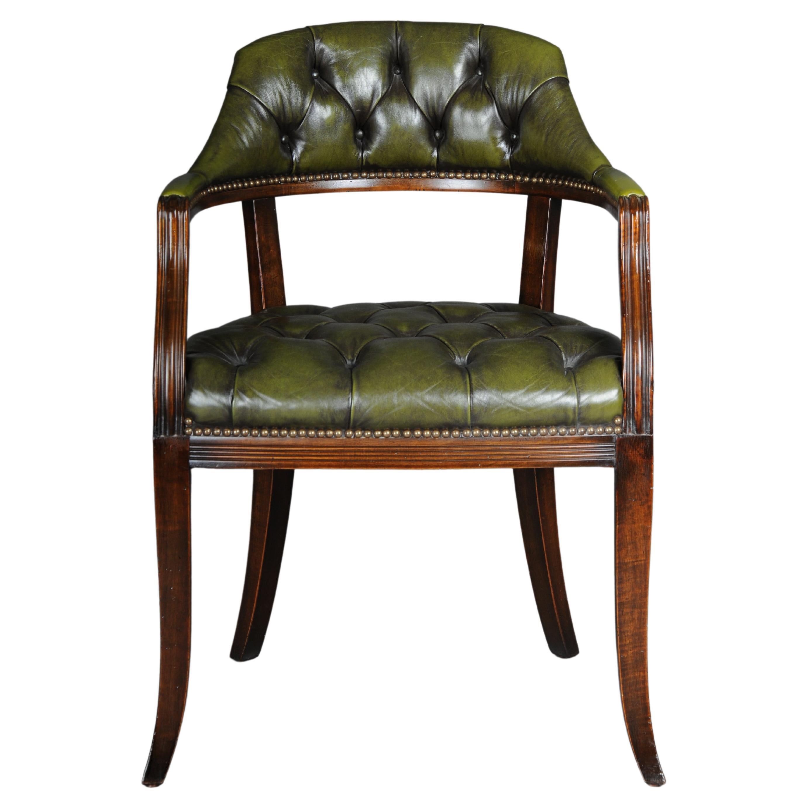 Classic English Armchair, Chesterfield Leather, Green For Sale