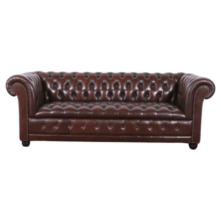 Classic English Button Tufted Leather Sofa For Sale