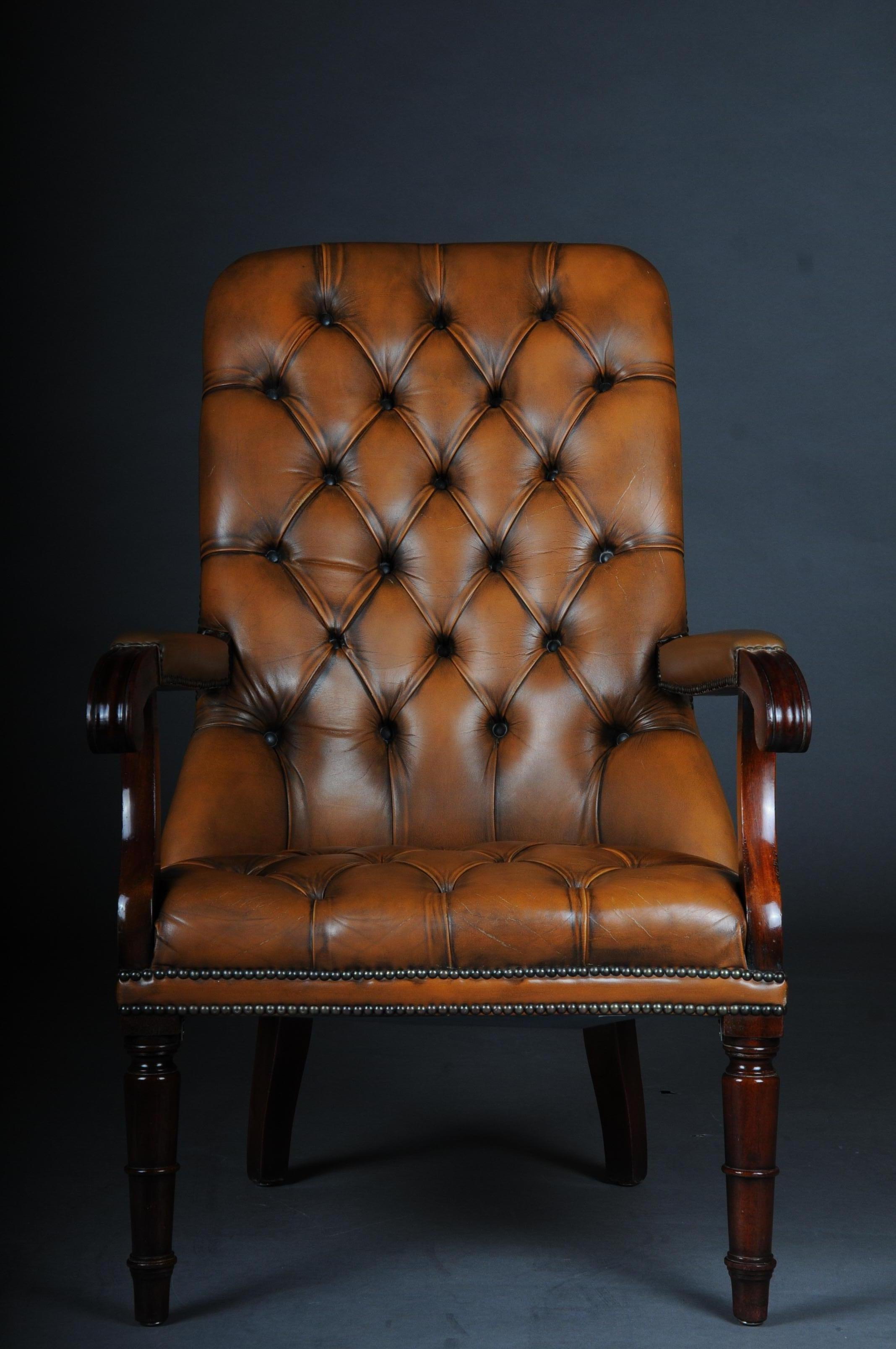 Classic English Chesterfield Armchair, Leather Cognac 6