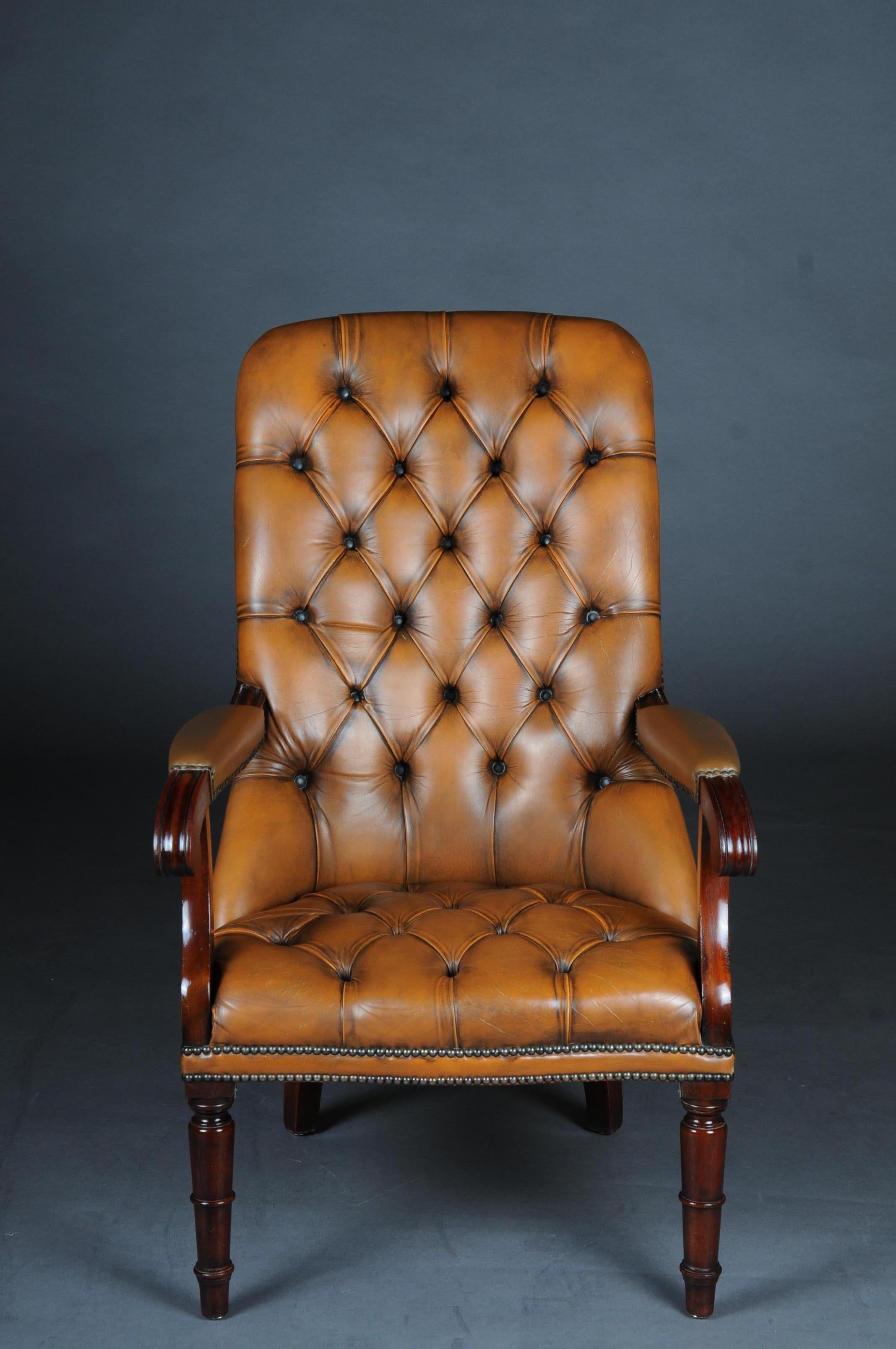 Classic English Chesterfield Armchair, Leather Cognac 7