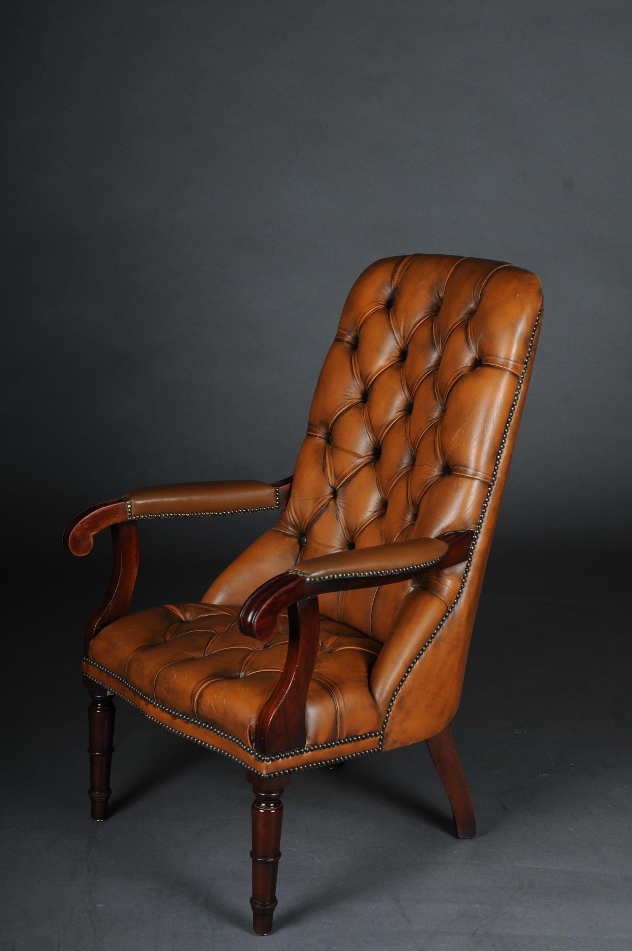 Classic English Chesterfield Armchair, Leather Cognac 8