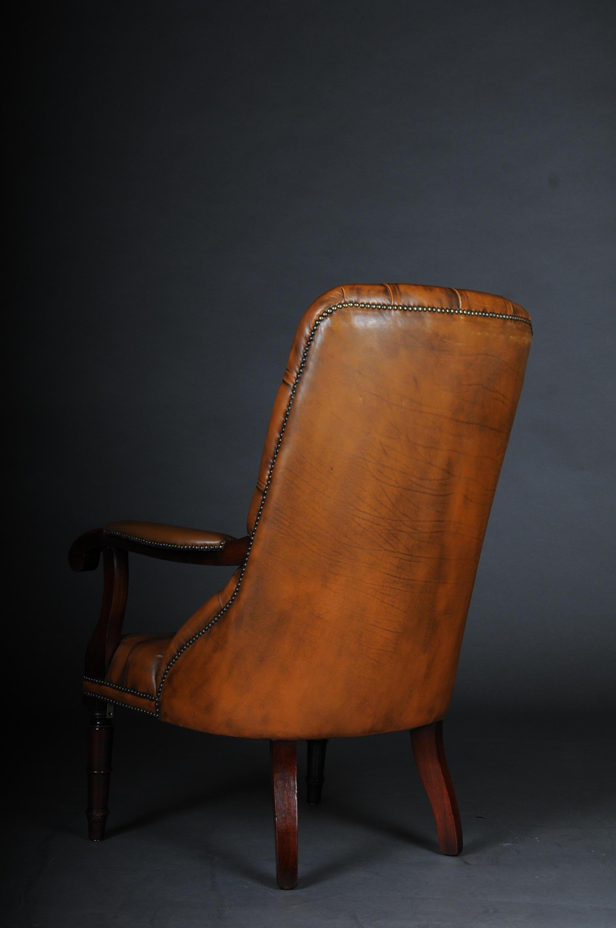 Classic English Chesterfield Armchair, Leather Cognac 9