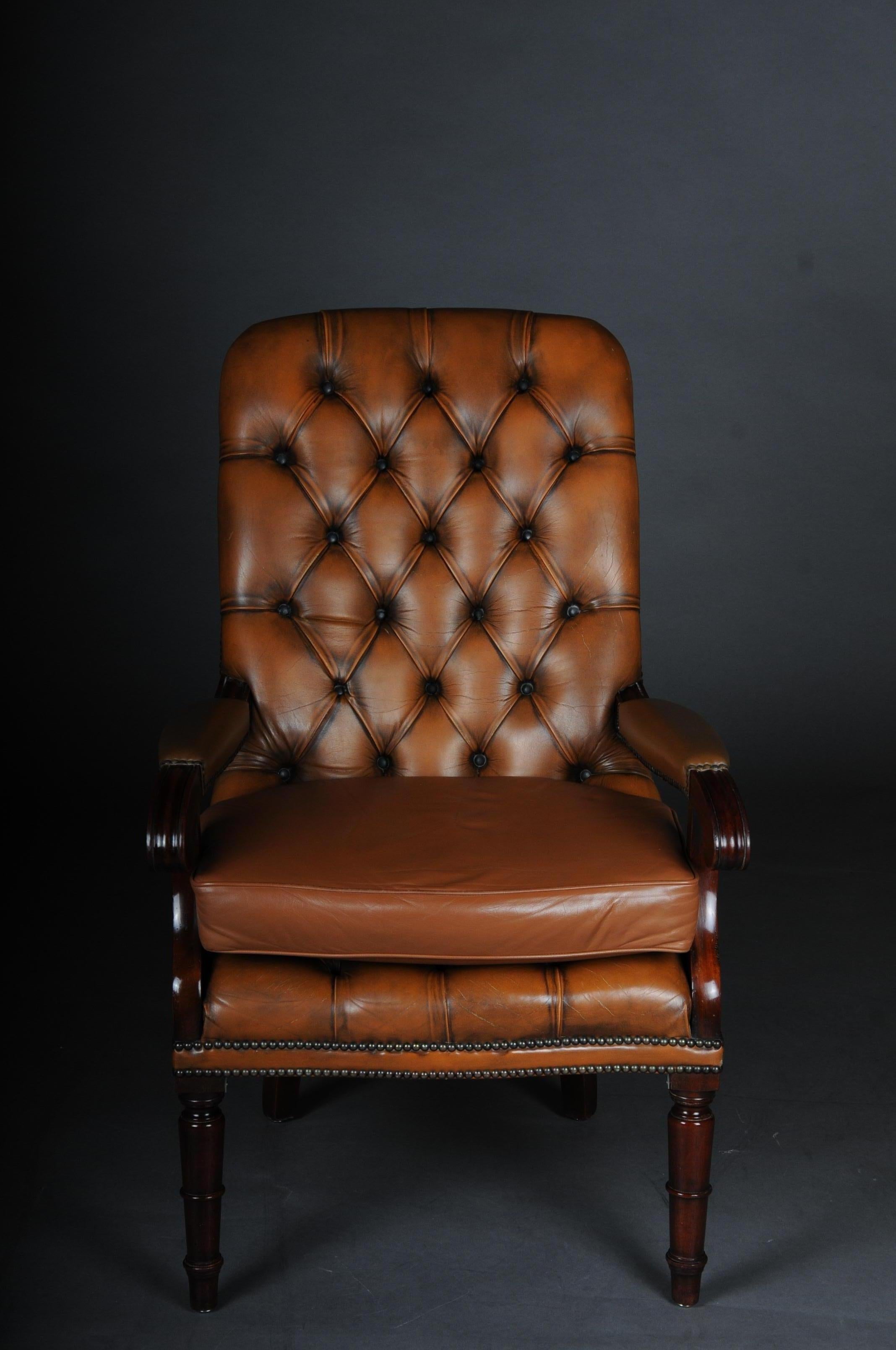 Classic English Chesterfield Armchair, Leather Cognac 12