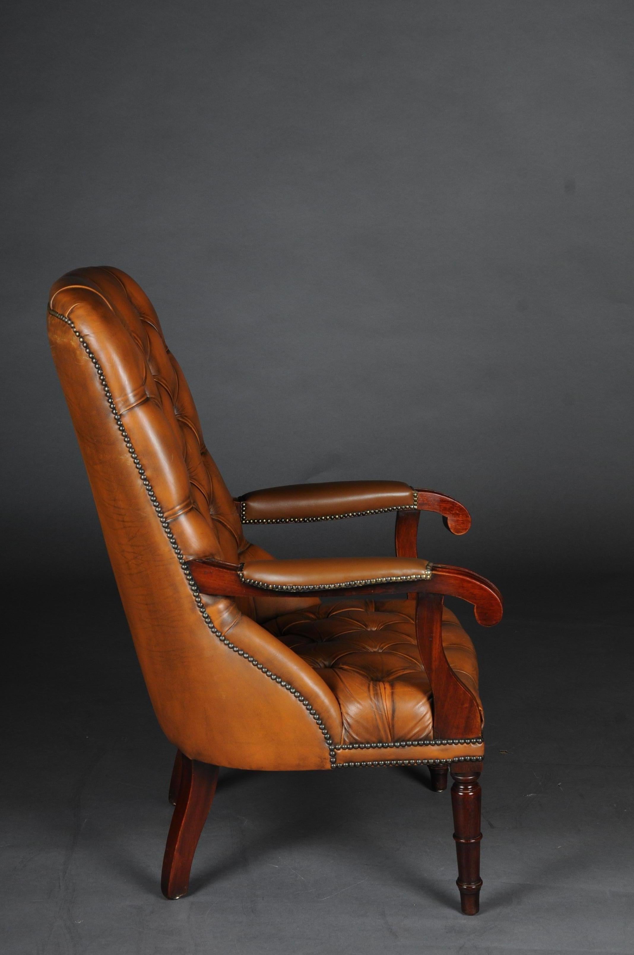 French Classic English Chesterfield Armchair, Leather Cognac