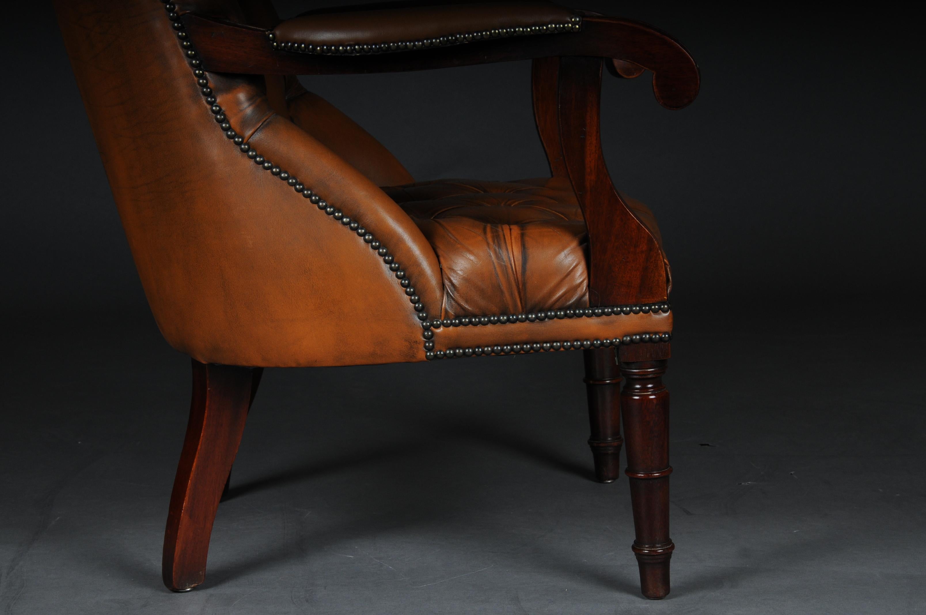 Stained Classic English Chesterfield Armchair, Leather Cognac