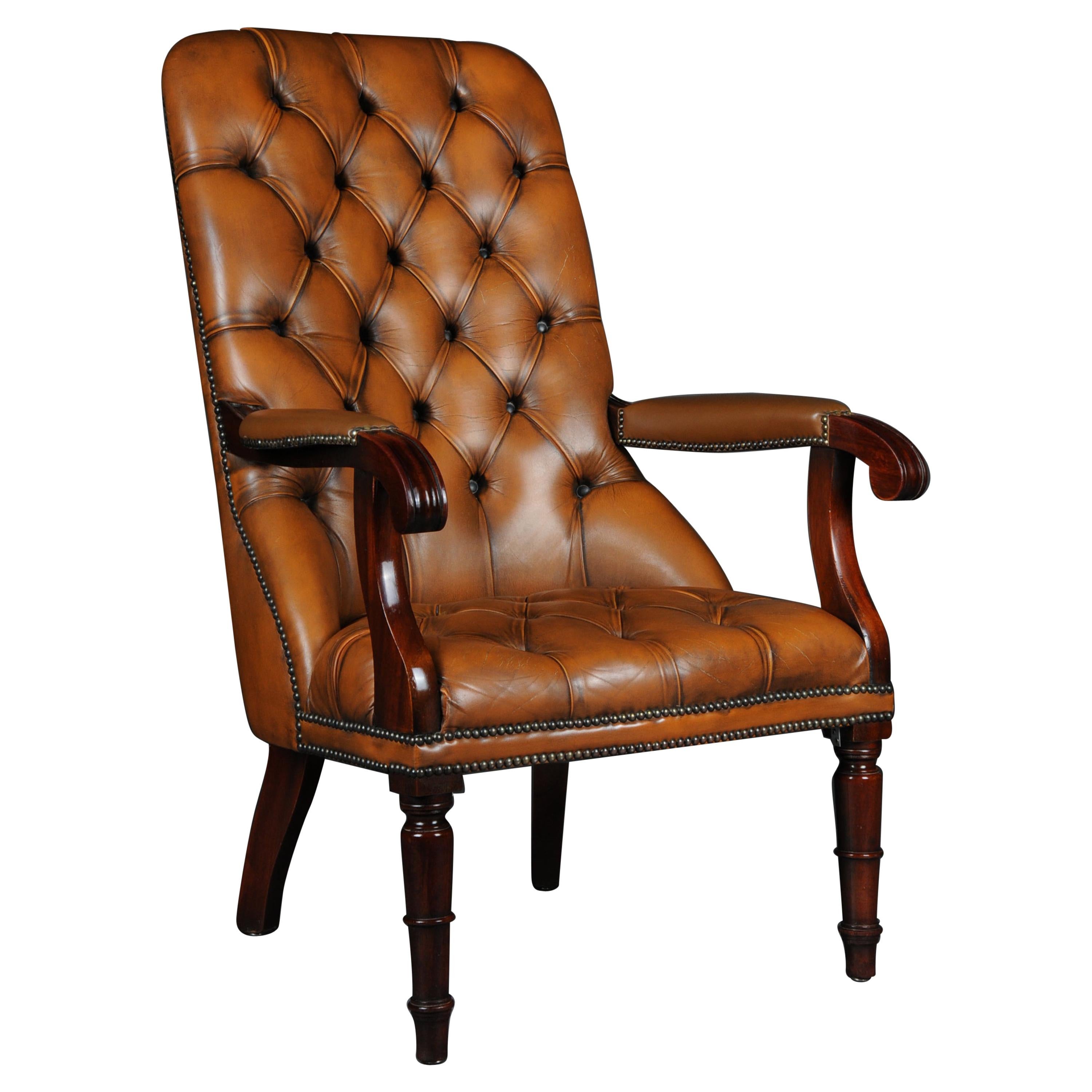 Classic English Chesterfield Armchair, Leather Cognac