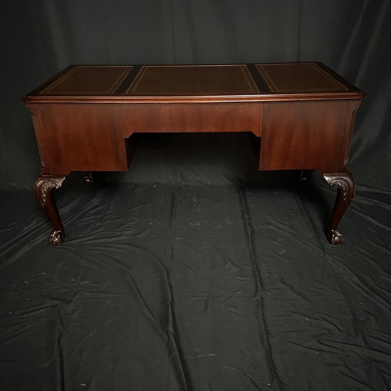Classic English Chippendale Style Writing Desk with Tooled Leather Top