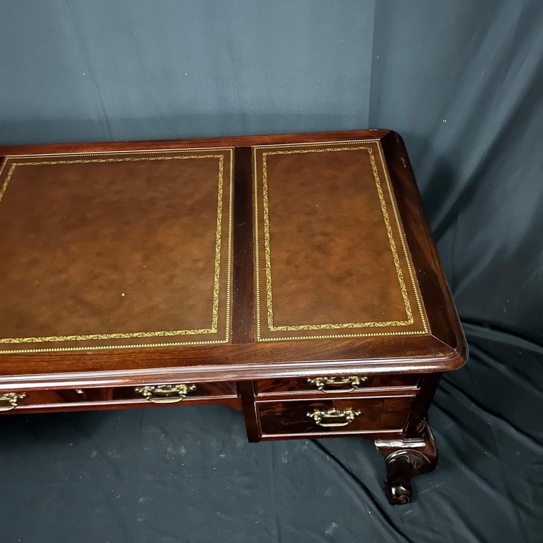 Classic English Chippendale Style Writing Desk with Tooled Leather Top