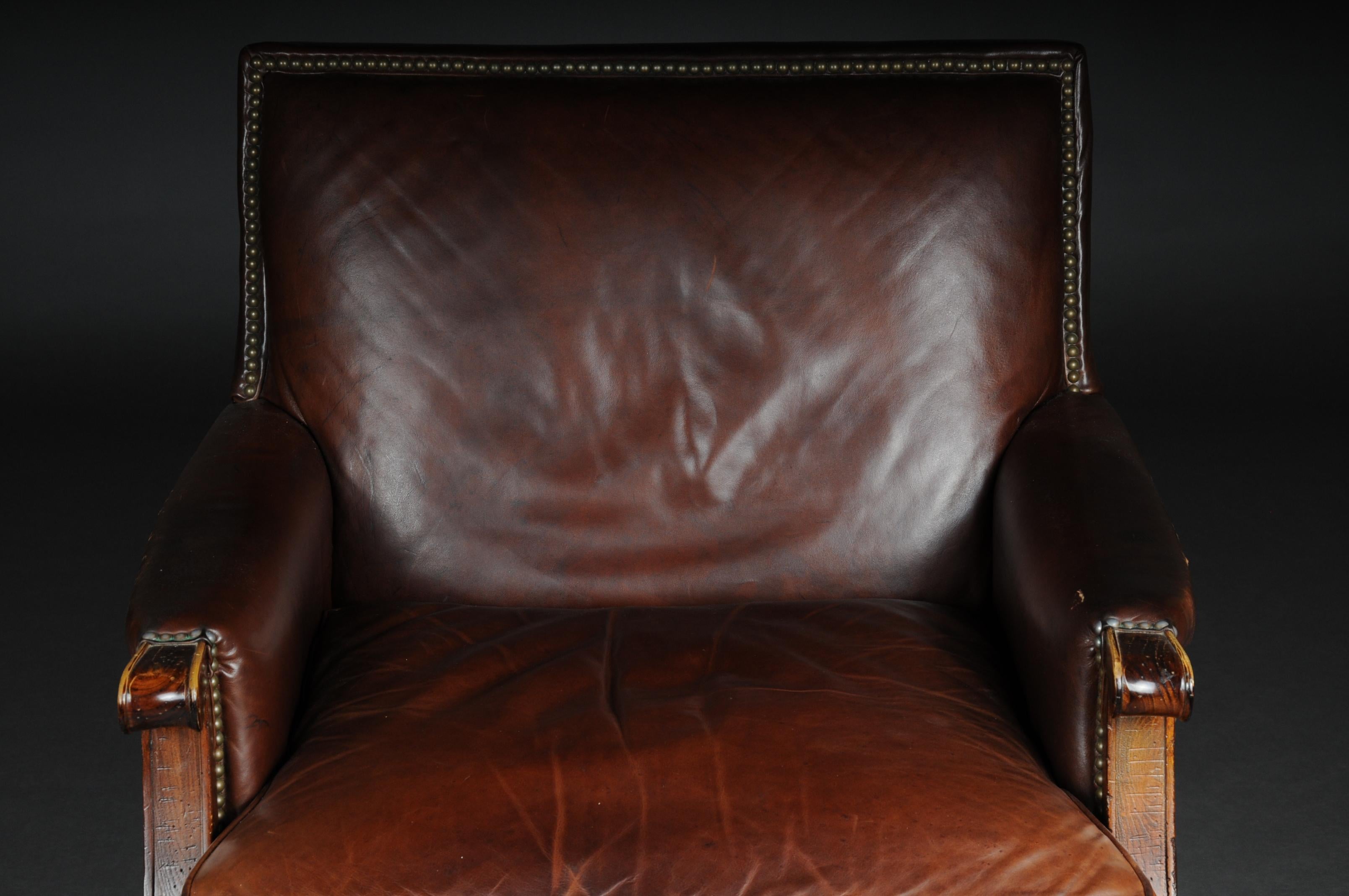 Hand-Carved Classic English Club Chair with Footstool, Leather