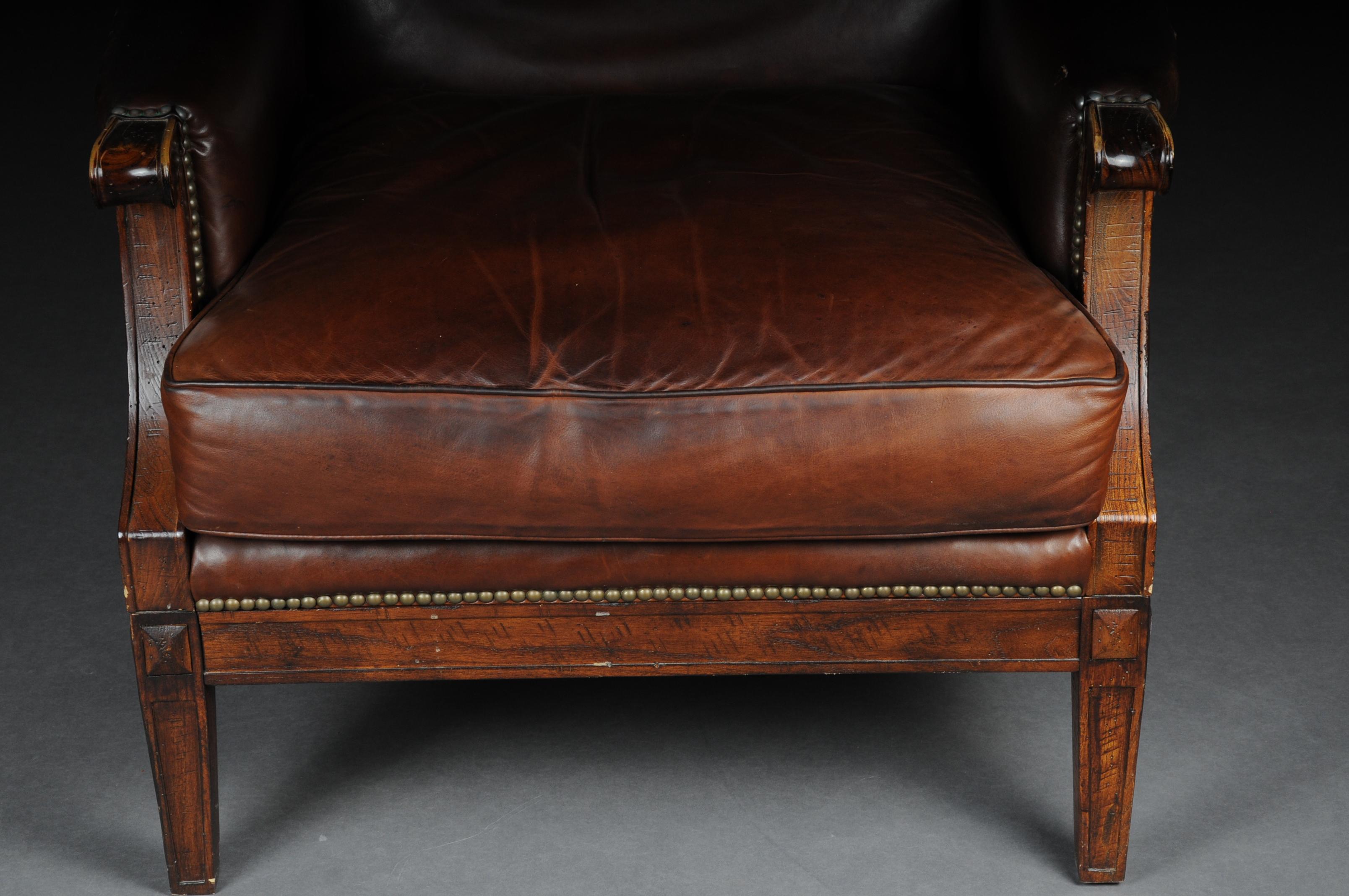 Classic English Club Chair with Footstool, Leather In Fair Condition In Berlin, DE