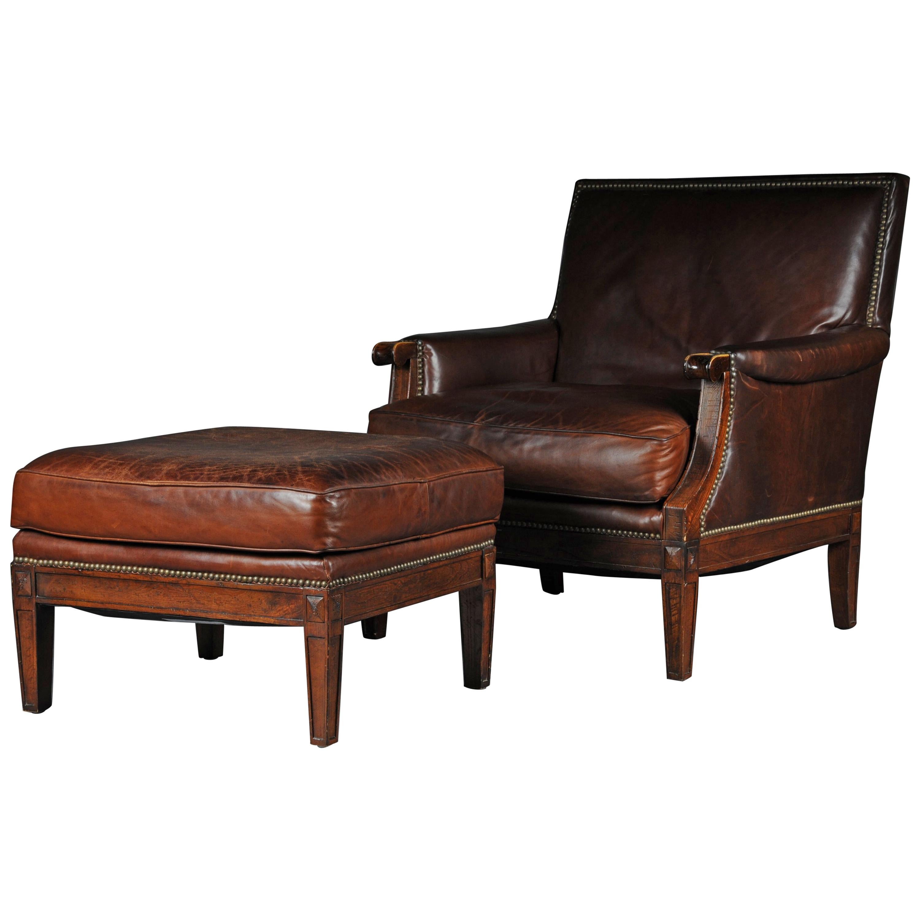 Classic English Club Chair with Footstool, Leather