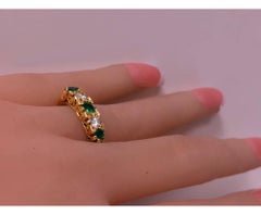 Classic English Diamond Emerald Carved Gold Ring