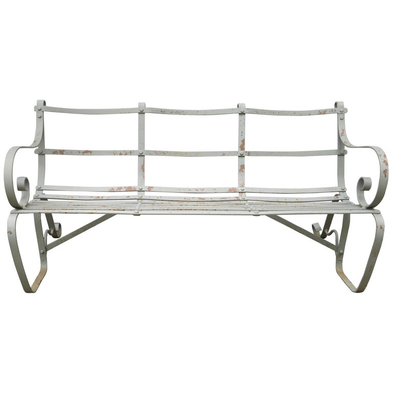 Classic English Edwardian Wrought Iron Strap Style Garden Bench For Sale