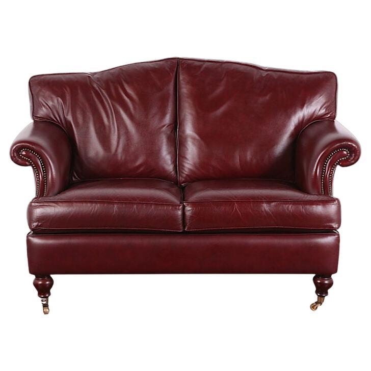Classic English Rolled Arm Oxblood Leather Two Seat Sofa