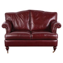 Vintage Classic English Rolled Arm Oxblood Leather Two Seat Sofa