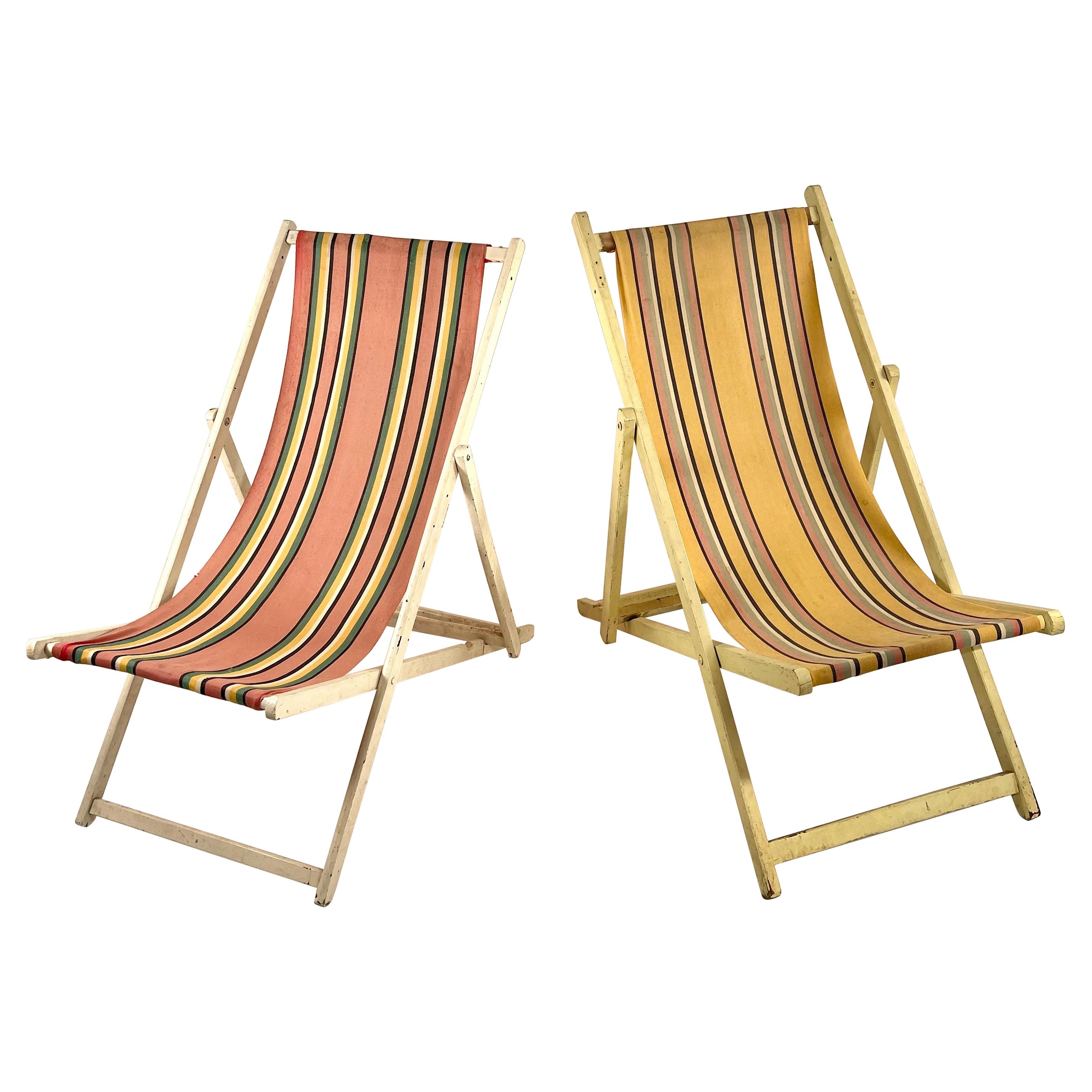 Classic English Striped Canvas Outdoor Folding Garden or Beach Chairs Set of 2