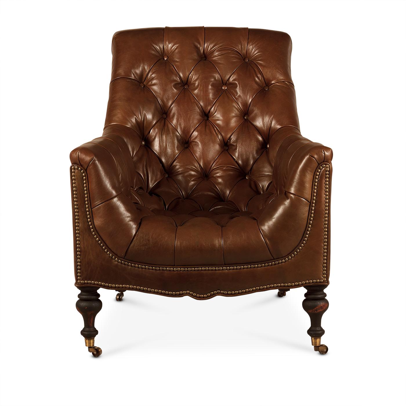 A Classic traditional English look, this tufted leather club chair is comfortable, stylish and will sit well among both modern and traditional decor.

With deep tufted cushions to the backrest and arms, with brass nailhead trim details on turned
