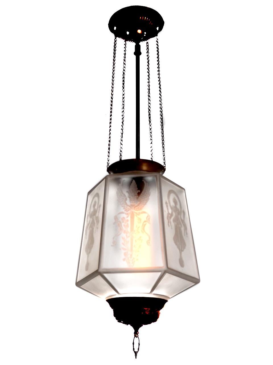 20th Century Classic Etched Glass Drop Light
