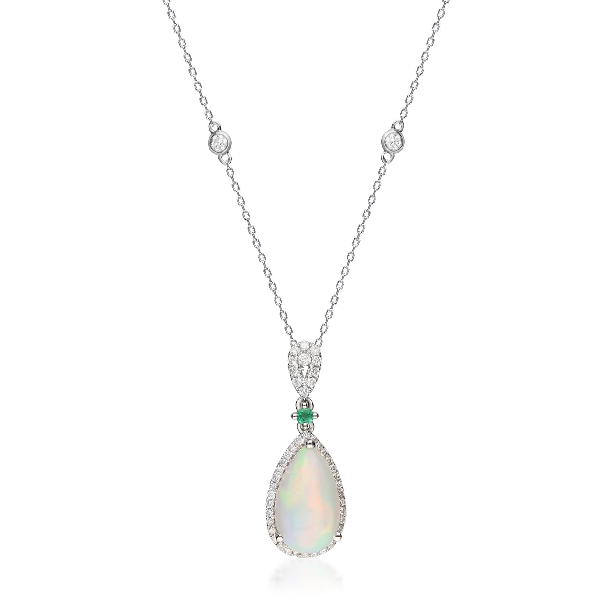 Art Deco Classic Ethiopian Opal, Emerald 14k White Gold White Diamond Accents Pendant