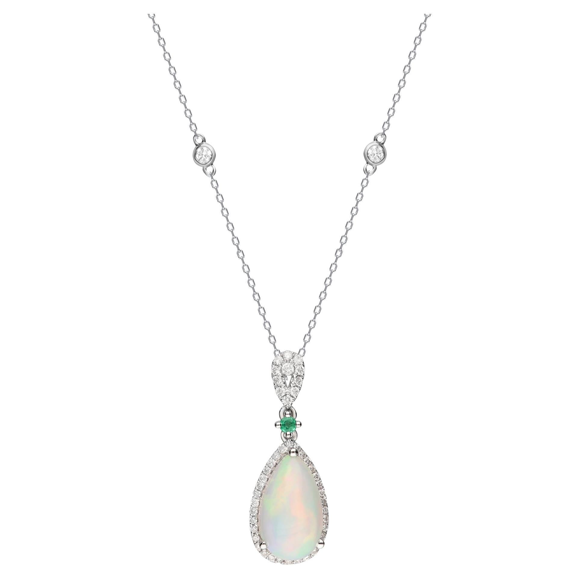 Classic Ethiopian Opal, Emerald 14k White Gold White Diamond Accents Pendant