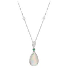 Classic Ethiopian Opal, Emerald 14k White Gold White Diamond Accents Pendant