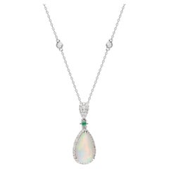 Classic Ethiopian Opal, Emerald 14k White Gold White Diamond Accents Pendant