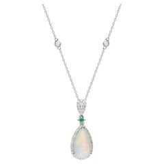 Classic Äthiopischer Opal, Smaragd 14k Weißgold Weiß Diamant Akzente Anhänger