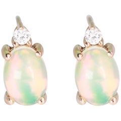 Classic Ethiopian Opal Oval Cab and Diamond 10K Yellow Gold Stud Earring