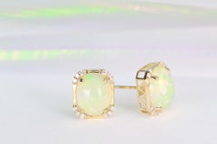 Classic Ethiopian Opal Oval Cab and White Diamond 14K Yellow Gold Earring