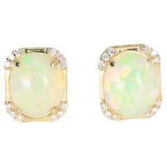Classic Ethiopian Opal Oval Cab and White Diamond 14K Yellow Gold Earring