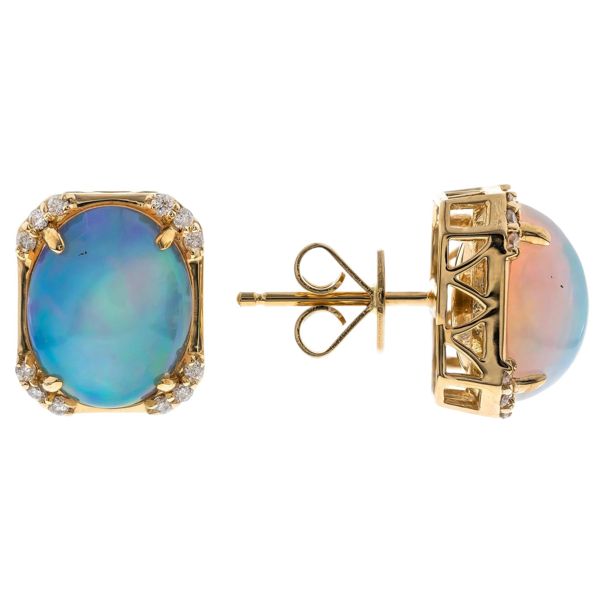 Classic Ethiopian Opal Oval Cab and White Diamond 14K Yellow Gold Earring