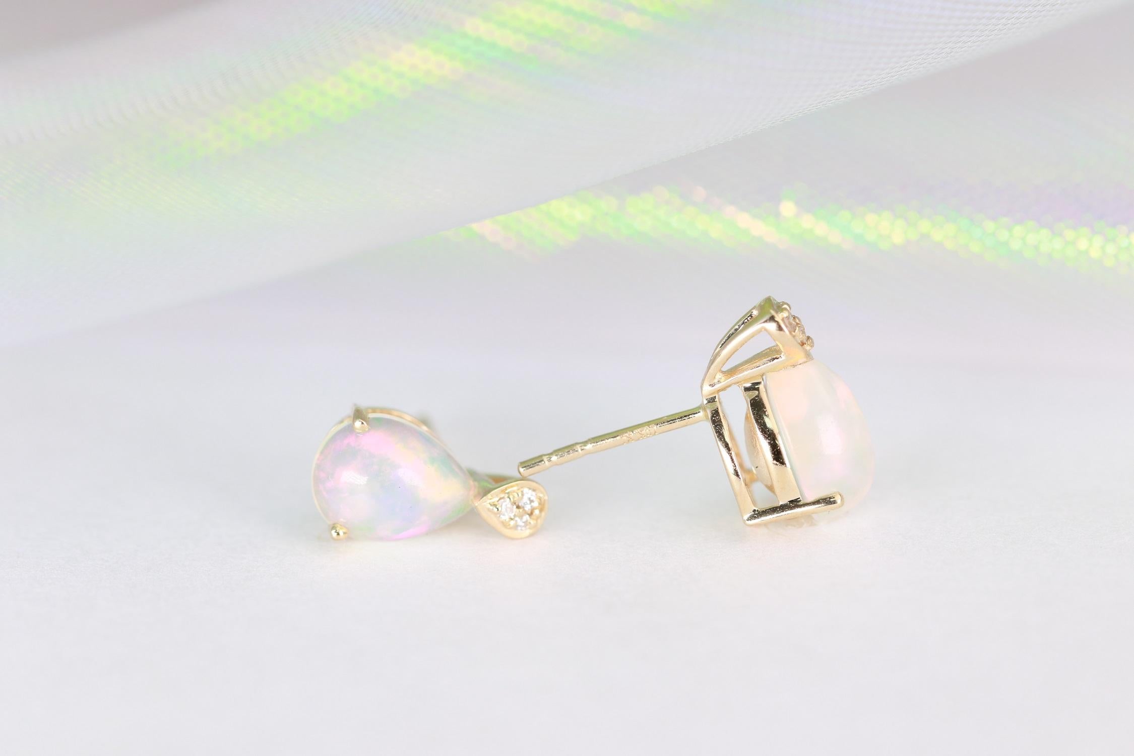 Art Deco Classic Ethiopian Opal Pear Cab and Diamond 10K Yellow Gold Stud Earring For Sale