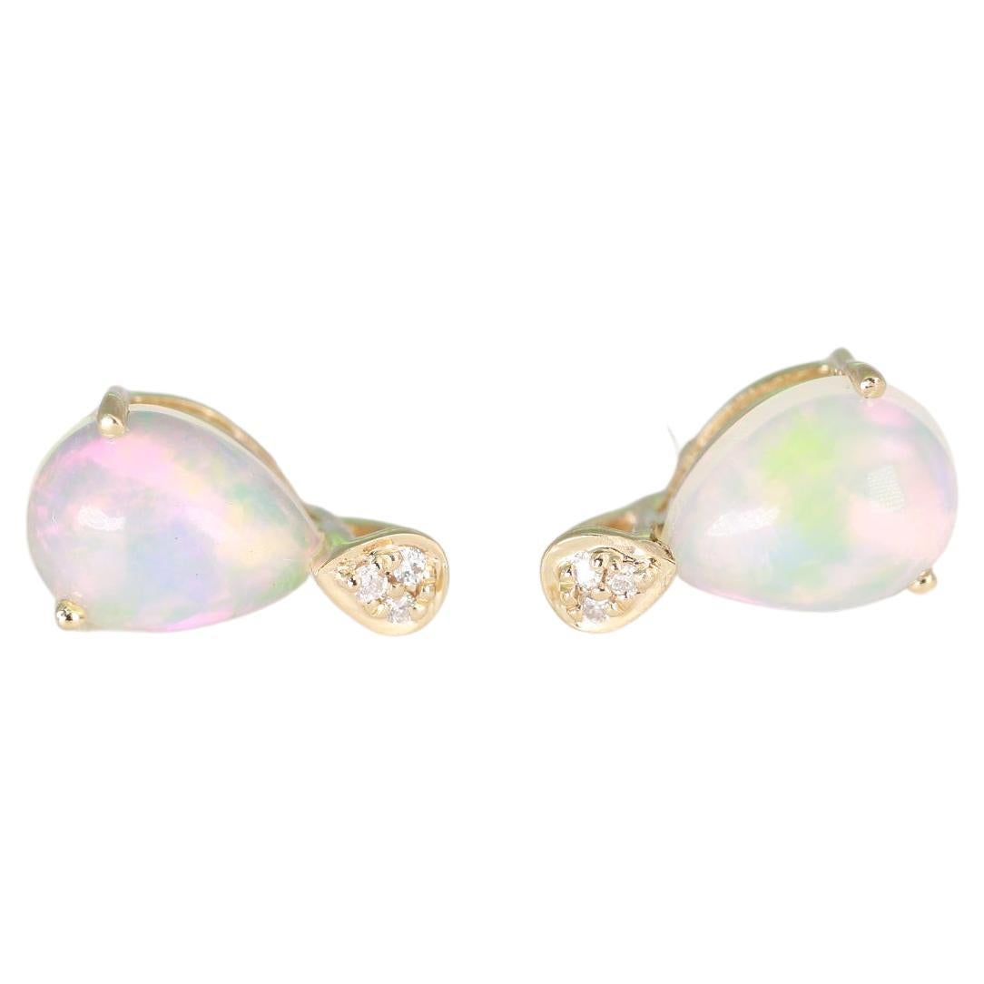 Classic Ethiopian Opal Pear Cab and Diamond 10K Yellow Gold Stud Earring For Sale