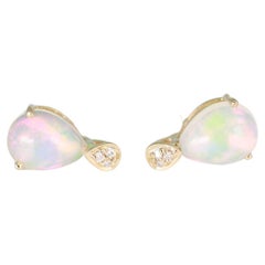 Vintage Classic Ethiopian Opal Pear Cab and Diamond 10K Yellow Gold Stud Earring