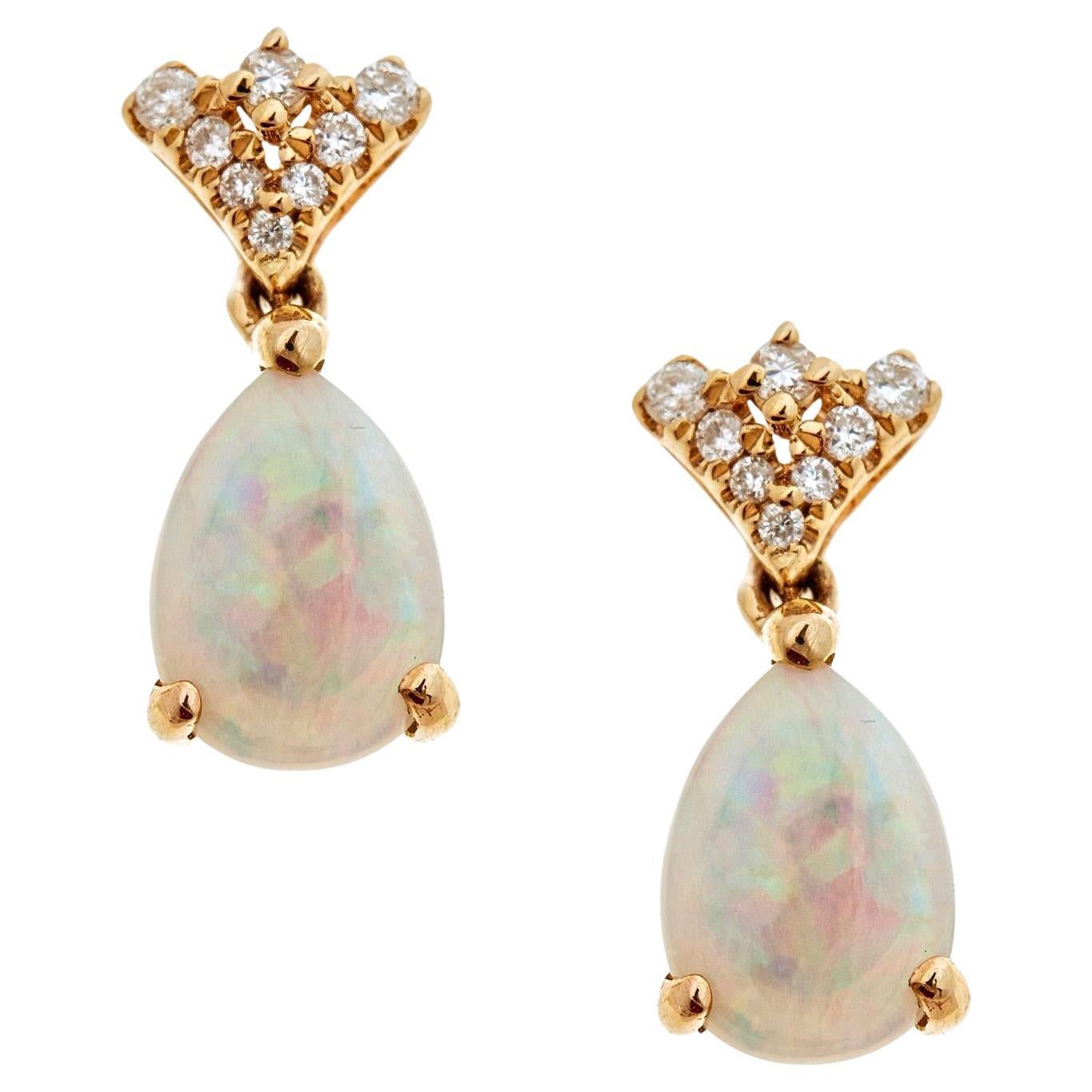 Classic Ethiopian Opal Pear Cab and Round Diamond 14K Yellow Gold Earring For Sale
