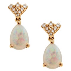 Vintage Classic Ethiopian Opal Pear Cab and Round Diamond 14K Yellow Gold Earring