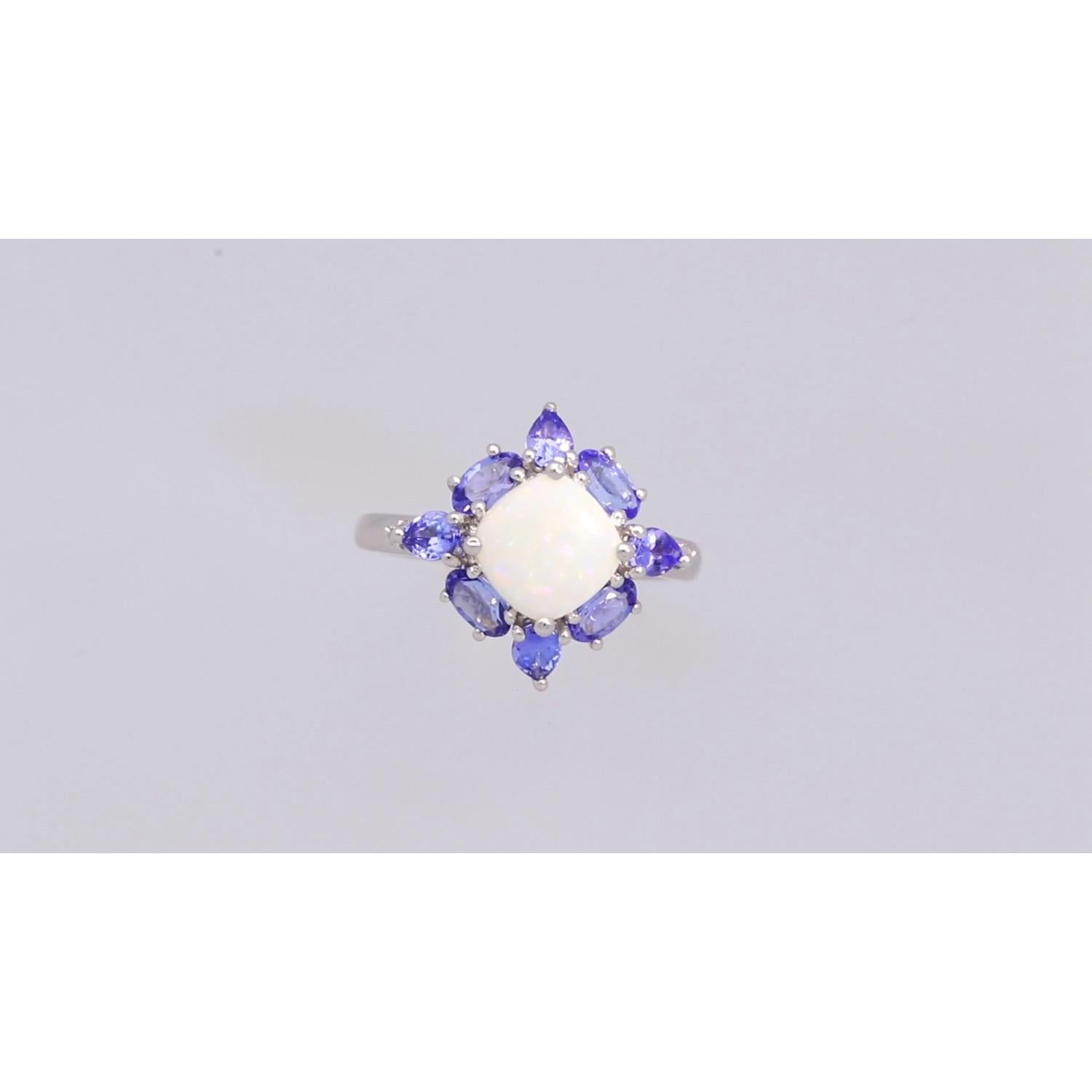 Art Deco Classic Ethiopian Opal Tanzanite Diamond 14k White Gold Cocktail Ring For Sale