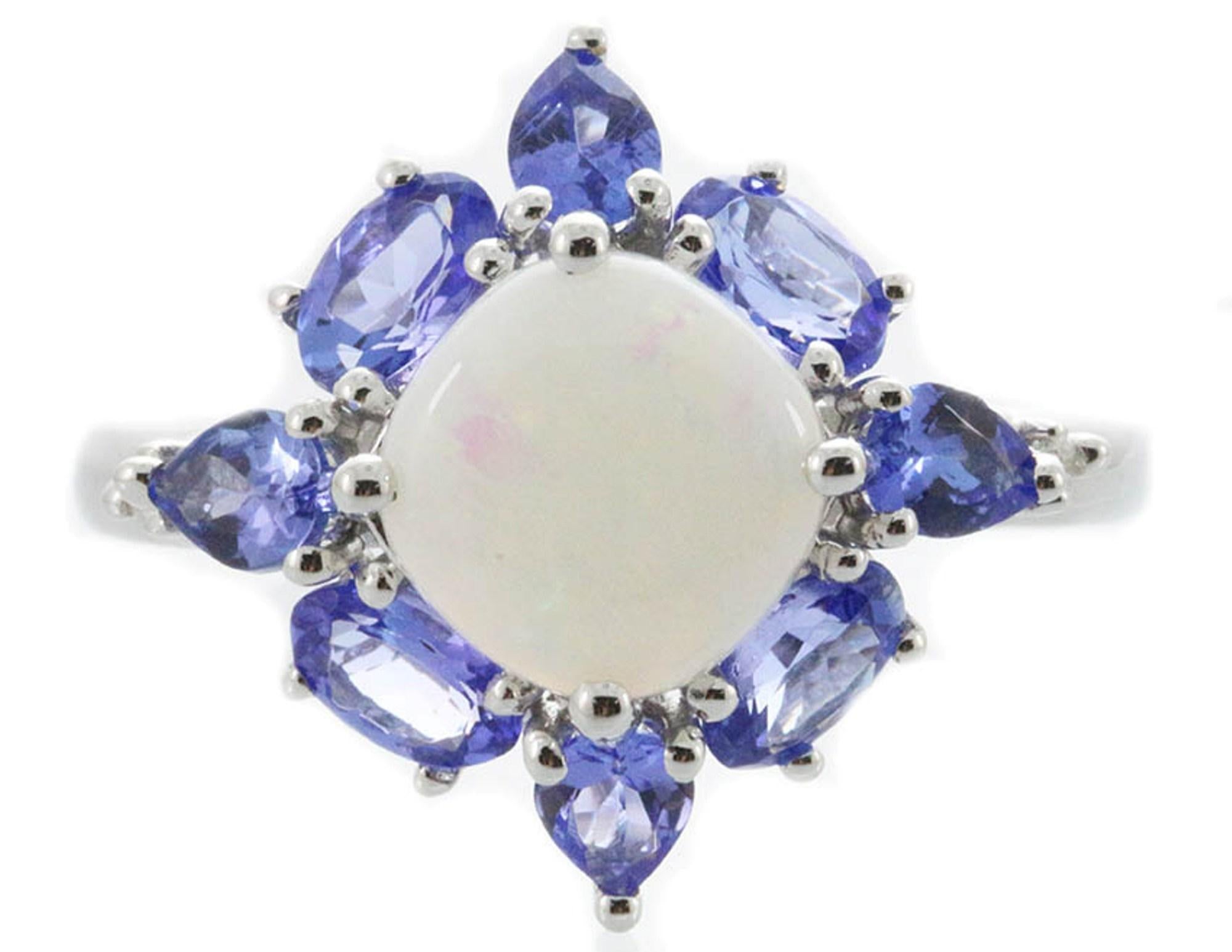 Oval Cut Classic Ethiopian Opal Tanzanite Diamond 14k White Gold Cocktail Ring For Sale