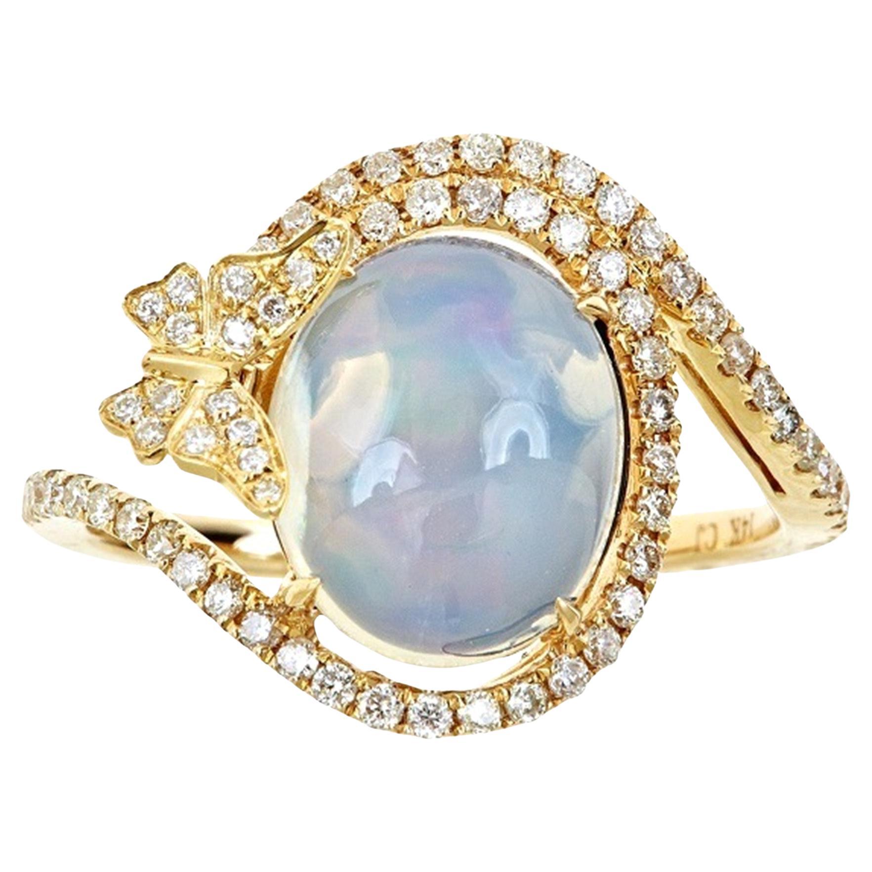 Classic Ethiopian Opal with Diamond Accents 14k Yellow Gold Cocktail Ring For Sale