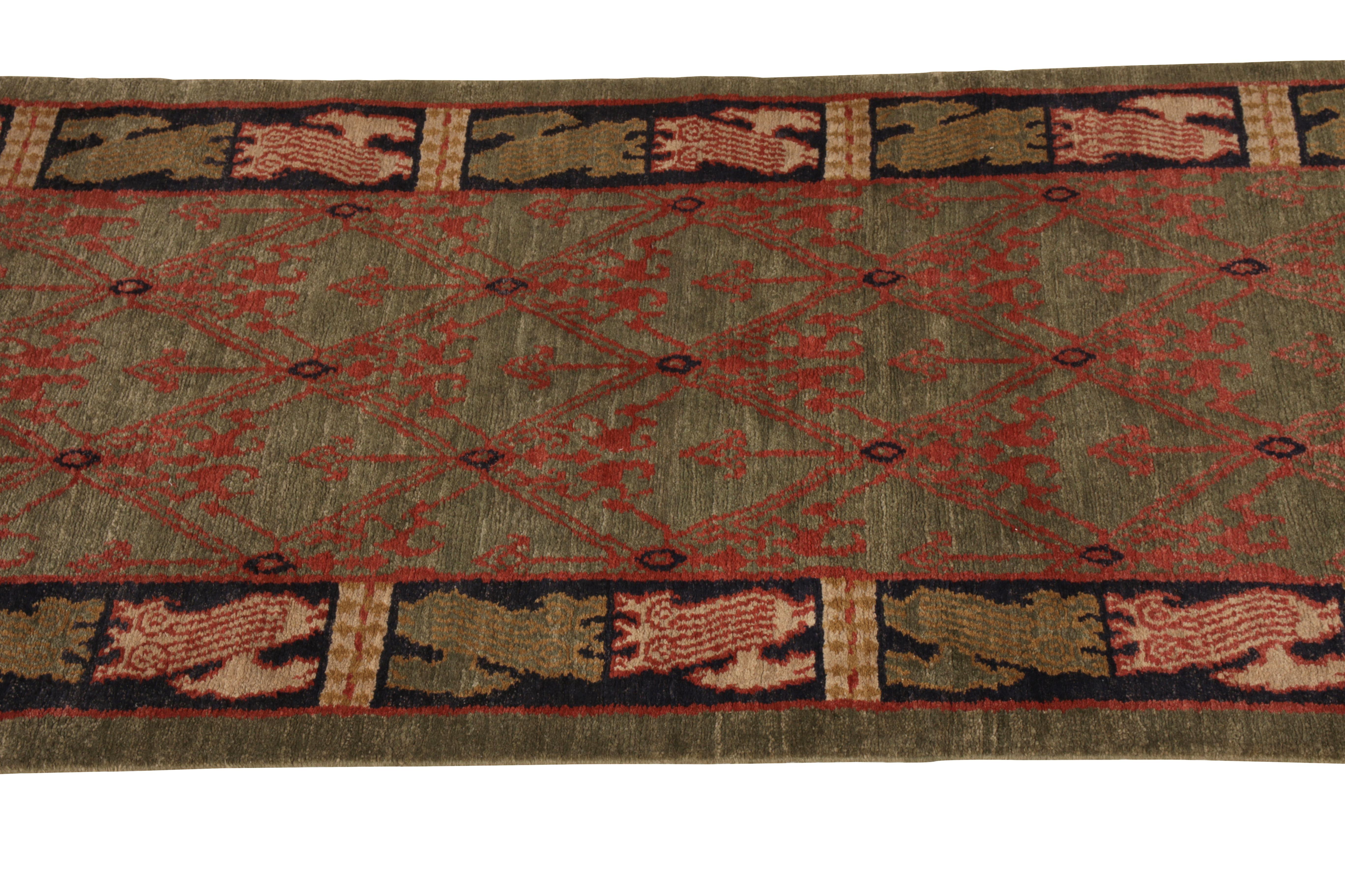 Spanish Colonial Rug & Kilim's Classic European-Style Runner Green Red Custom Rug Pattern For Sale