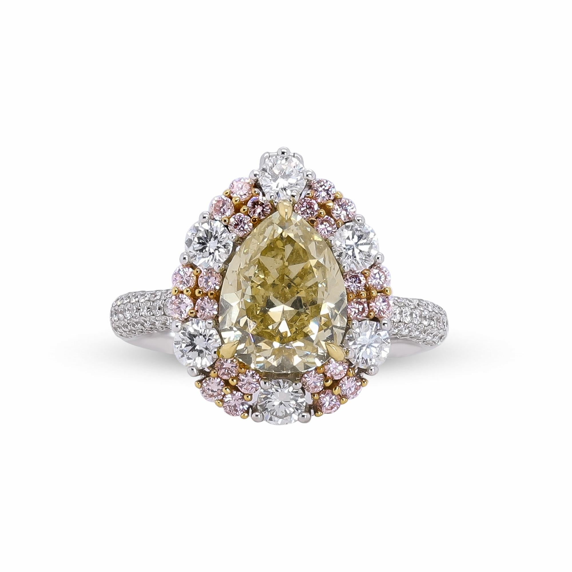 Stunning, timeless and classy eternity Unique Ring. Decorate yourself in luxury with this Gin & Grace Ring. The 18K Two Tone Gold jewelry boasts with Pear shape and fancy-cut 1 pcs 3.16 carat Yellow Diamond, Round-cut 24 pcs 0.35 carat Pink Diamond,
