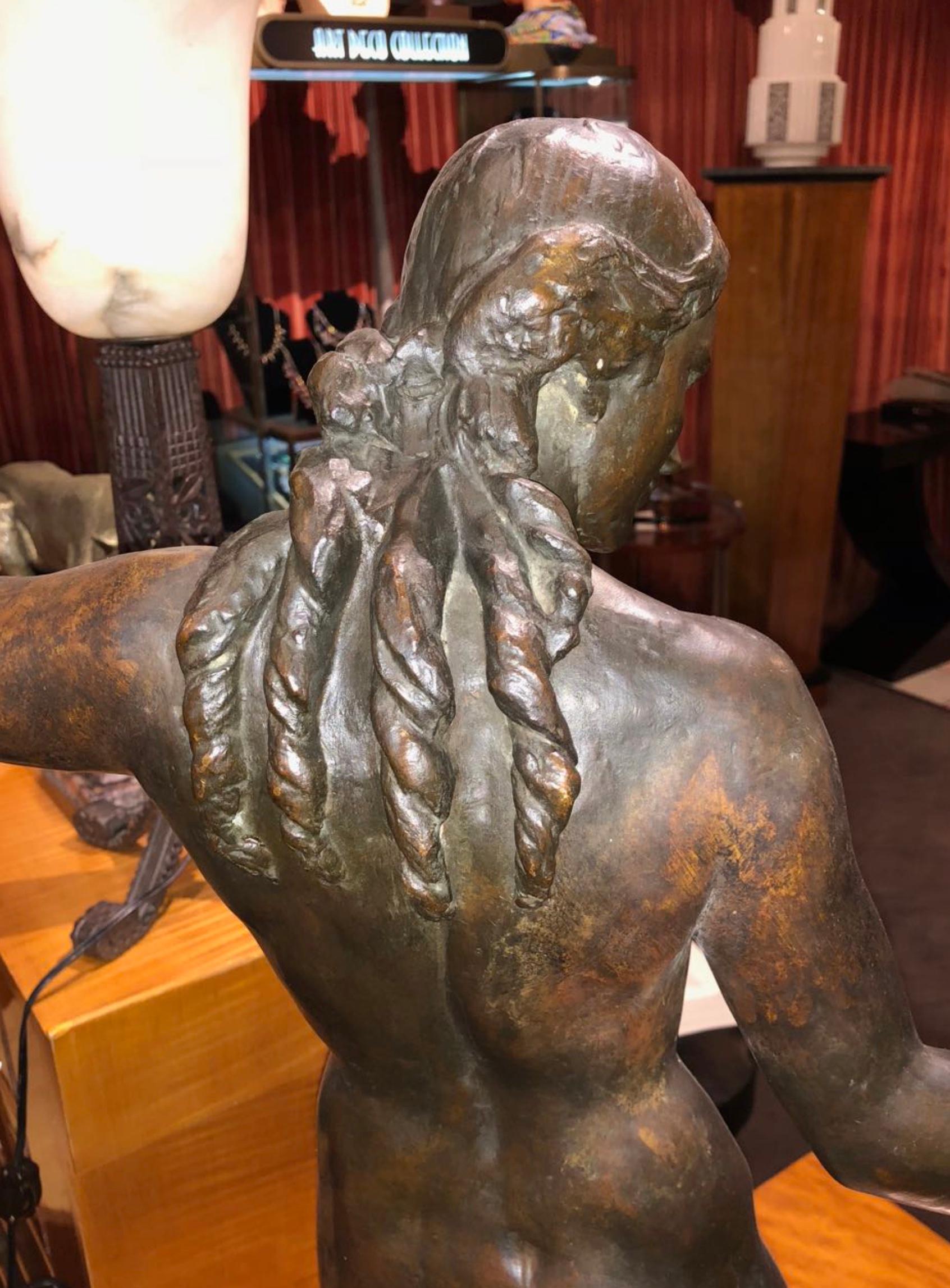 Mid-20th Century Classic Female Art Deco Bronze Statue by Listed Belgian Artist M. D'haveloose For Sale