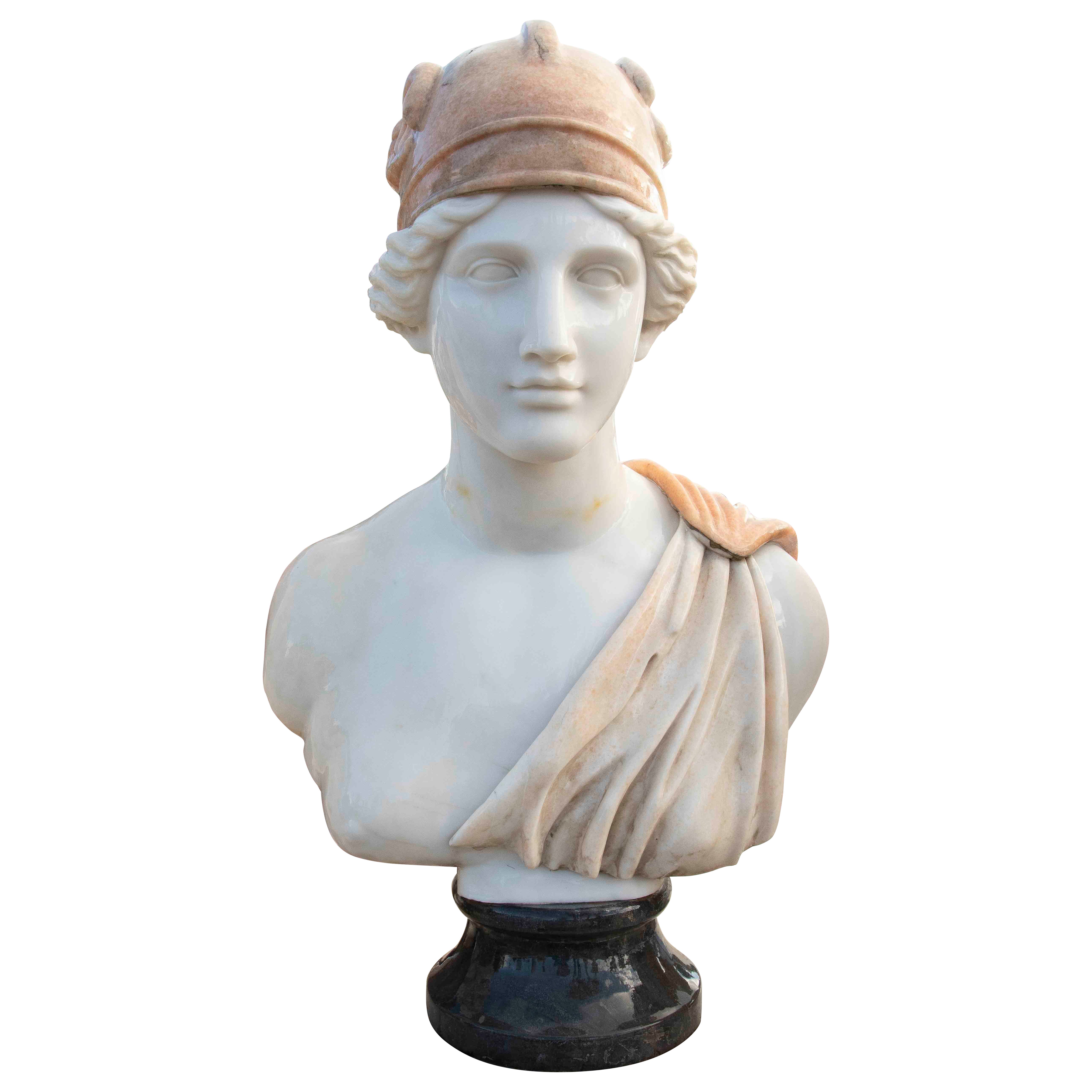Classic Female Bust in White and Pink Marble with Helmet For Sale