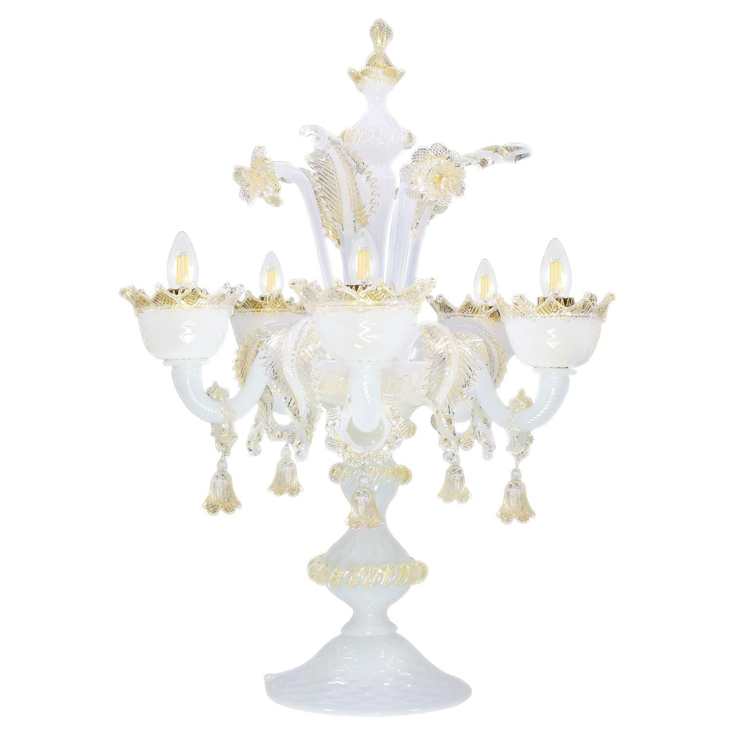 Classic Flambeau 5Arms White Murano Glass gold Details by Multiforme For Sale