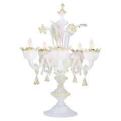 Classic Flambeau 5Arms White Murano Glass gold Details by Multiforme