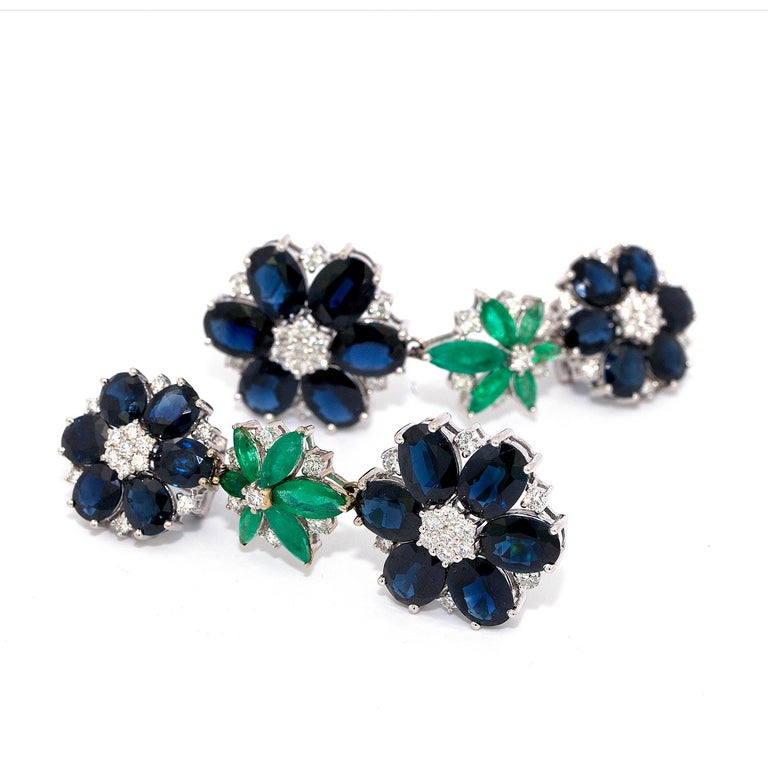 Retro Classic Floral Drop Earrings, Set with 33.16 Ct Sapphires, Emeralds and Diamonds For Sale