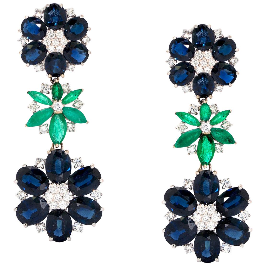Classic Floral Drop Earrings, Set with 33.16 Ct Sapphires, Emeralds and Diamonds For Sale