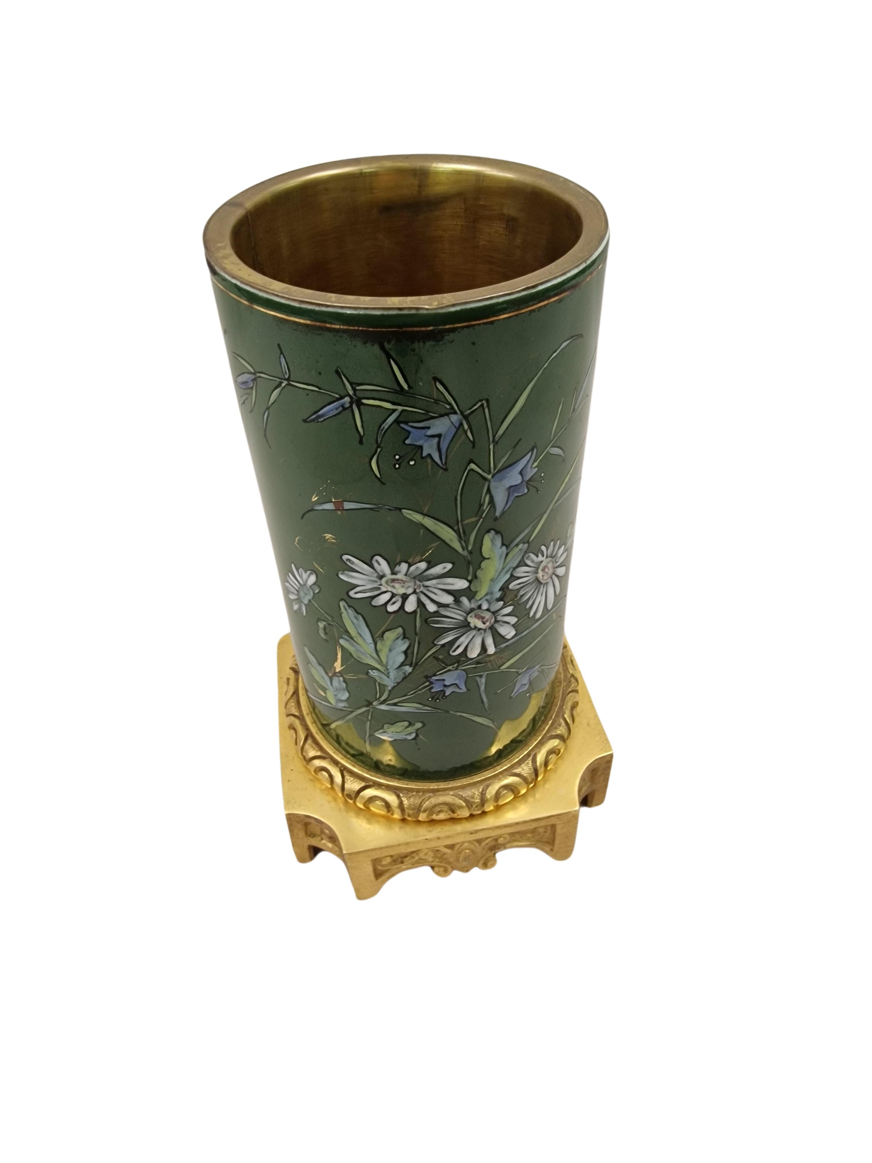Late 19th Century Classic flower vase, metal fire-gilded enamel painting, Napoleon III 1870 France For Sale