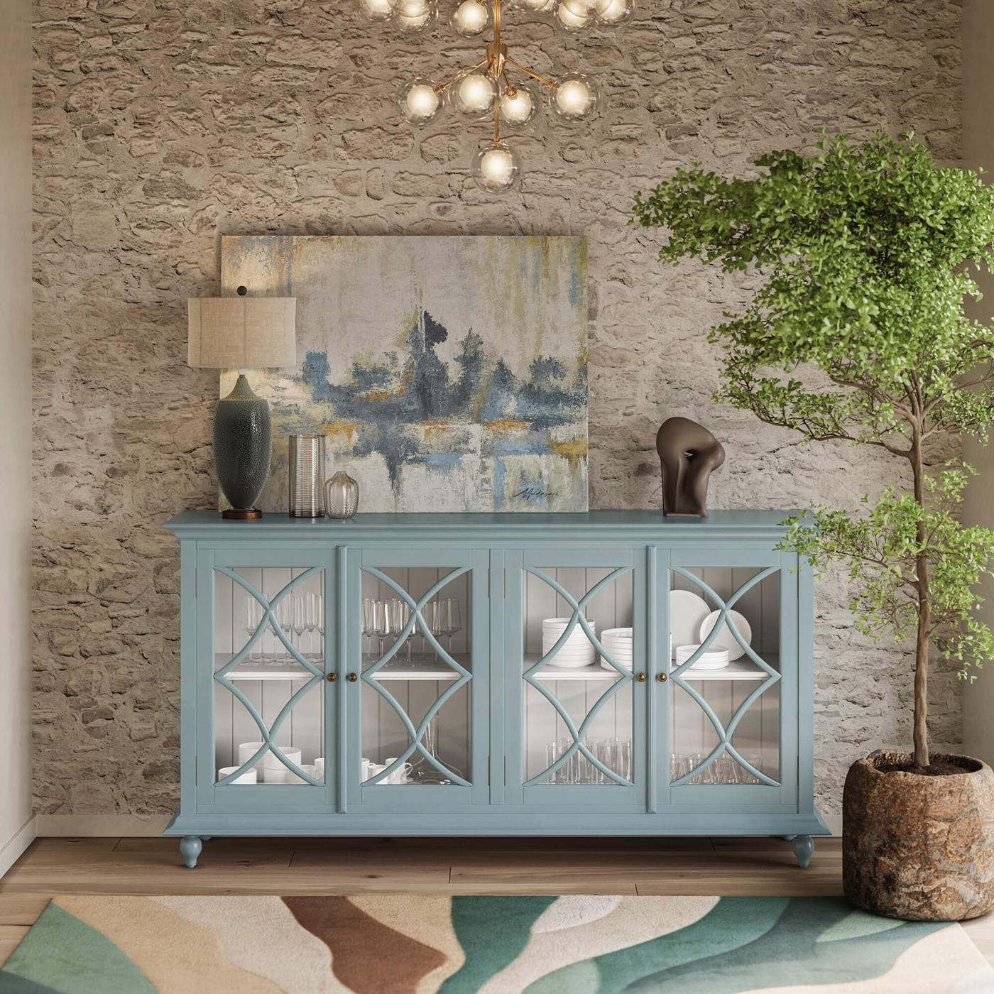 This exquisite piece is masterfully crafted from high-quality mahogany with a custom-painted finish - the exterior in Frosted Blue paint finish and the interior in True White.

With four doors each with a beautiful X-motif on the glass door frames