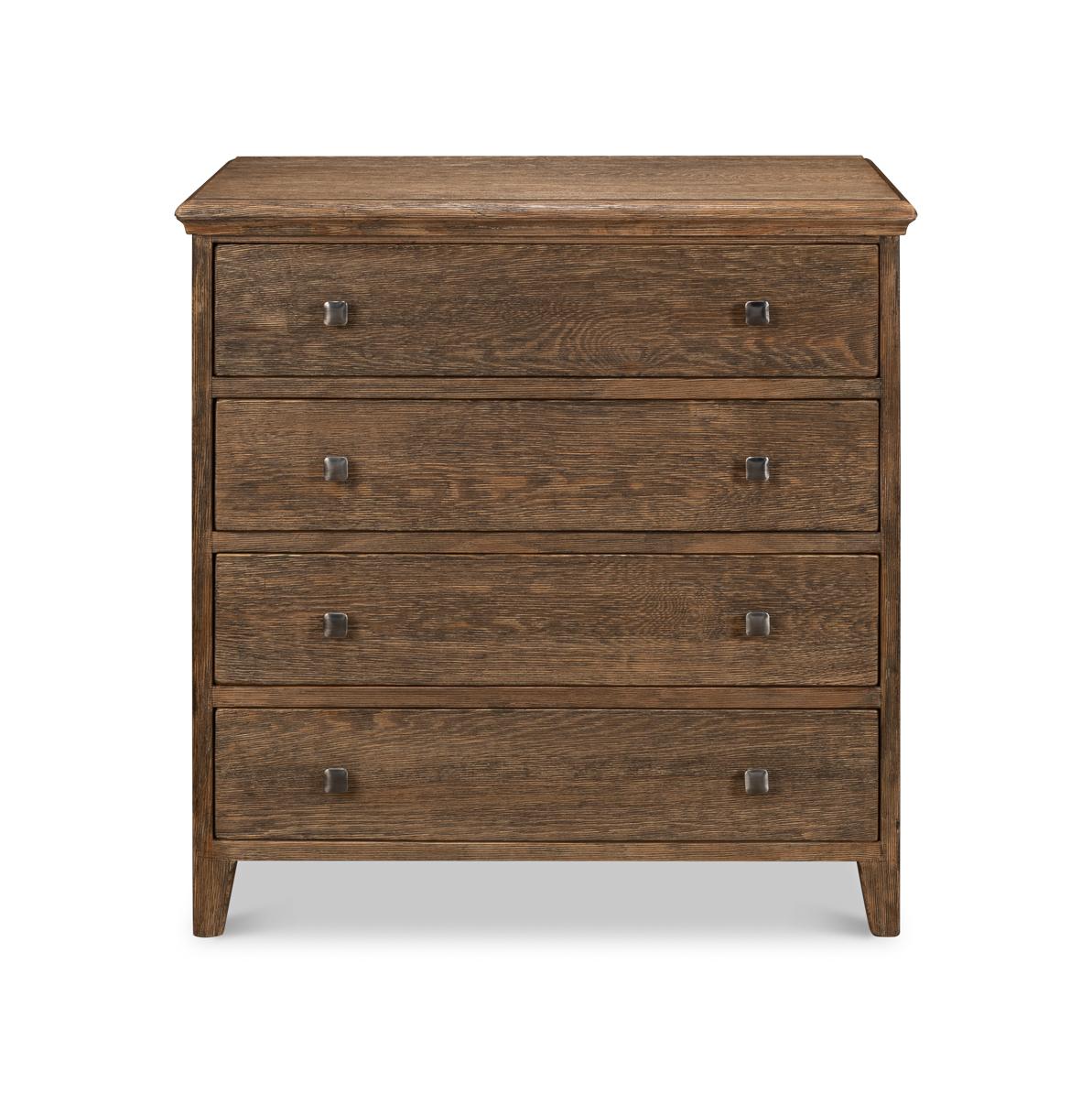Strong, stately, and in the Husk finish, the chest takes on a classic antique feeling. Perfectly sized for multiple applications in any home. Use as a pair in any room for extra storage. It features clean lines, four drawers, a unique custom finish,